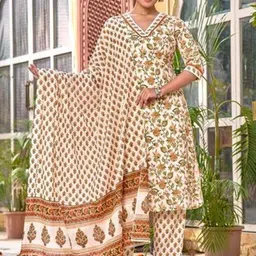 Anouk Floral Printed V-Neck Pure Cotton Thread Work Straight Kurta With Trousers & Dupatta-picture-26