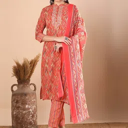 FASHOR Floral Printed Mandarin Collar Pure Cotton Straight Kurta With Trousers & Dupatta-picture-43