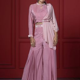 GloballyRonakRBafna Embroidered High Neck Crop Top With Palazzos Co-Ords-image-49