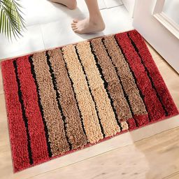 Aura Cream-Coloured & Maroon Striped Microfibre Rectangle Soft Anti-Skid Doormat-18