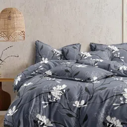 Aura Grey & White Floral Printed 210 TC Microfiber King Bedsheet Set 2.74 m x 2.74 m-picture-12
