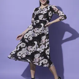 Moda Rapido Floral Print Puff Sleeve Georgette A-Line Midi Dress-picture-21