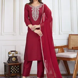 House of Pataudi Embroidered Straight Kurta & Trousers With Dupatta-picture-41