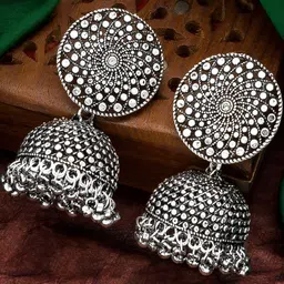Sangria Oxidised Silver-Plated Stone Studded Jhumkas-picture-21