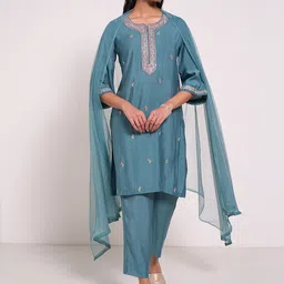 RANGMANCH BY PANTALOONS Women Floral Embroidered Regular Kurta with Trousers & With Dupatta-37
