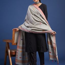 Taavi Woven Pure Cotton Jamdani Dupatta With Pom Pom Edgings-image-58
