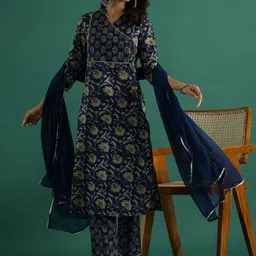 Sangria Floral Printed Pure Cotton Straight Kurta & Trousers With Dupatta-picture-33