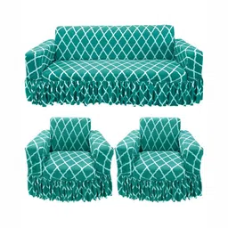 GIFTS ISLAND Teal & White Printed Polyester 3 Piece Sofa Cover With Arms-image-97