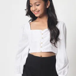 studio rasa Puff Sleeve Sheen Shirt Style Crop Top-image-17