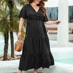 DressBerry Curve Women Polka Dot Print Flared Sleeve Fit & Flare Midi Dress-image-97