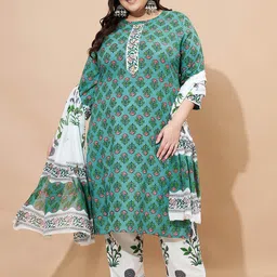GULMEHAK Women Plus Size Floral Printed Pure Cotton Kurta with Trouser & Dupatta-picture-34