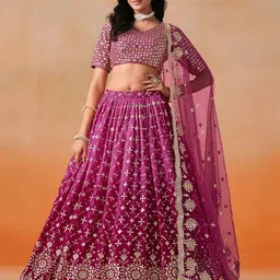 ETHNIC PLUS Embroidered Sequinned Semi-Stitched Georgette Lehenga & Blouse With Dupatta-image-23