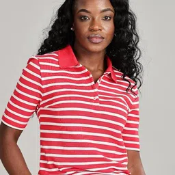 Tommy Hilfiger Women Brand Logo Striped Polo Collar T-shirt-image-62