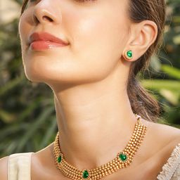Rubans 22K Gold-Plated Emerald Green Stone Studded Traditional Temple Jewelry Set-40