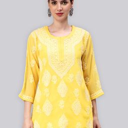 Seva Chikan Floral Embroidered Chikankari Straight Kurti With Slip-picture-54