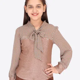 CUTECUMBER Girls Brown Checked Tie-Up Neck Regular Top-16