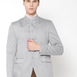 Shaftesbury London Men Grey Checked Slim Fit Bandhgala Blazer-image-75