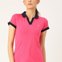 FEMEA Women Pink Solid Polo Collar T-shirt-image-66