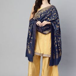SWI Stylish Floral Woven Design Blue Zari Kani Jamawar Shawl-image-92
