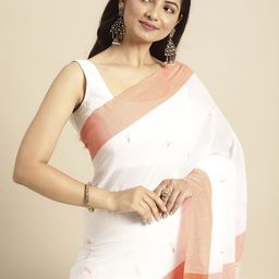 DESH BIDESH White & Orange Pure Cotton Taant Saree-34