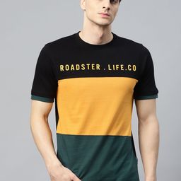 Roadster Men Mustard YellowTeal Green Colourblocked Round Neck T-shirt-image-67