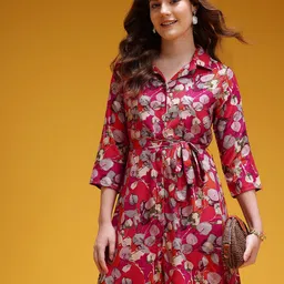 HERE&NOW Floral Print Shirt Style Dress with Belt-image-17