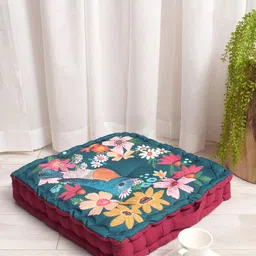 BLANC9 Blue & Burgundy Floral Printed Square Floor Cushion-picture-2