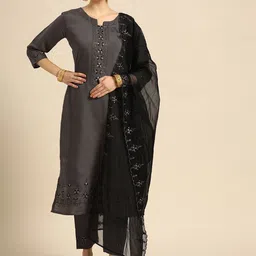 Sangria Women Grey Ethnic Motifs Embroidered Pure Cotton Kurta with Trousers & With Dupatta-46