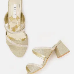 ELLE Women Golden Embellished Party Block Heel Sandals-54