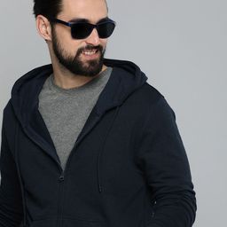 HERE&NOW Navy Blue Solid Hooded Sweatshirt-image-10
