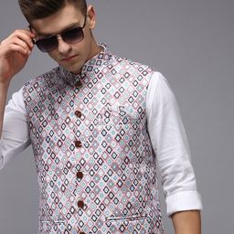 SHOWOFF Men Peach-Coloured Printed Woven Nehru Jackets-36