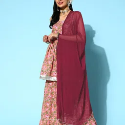 Stylum Women Coral Floral Gotta Patti Pure Cotton Kurti With Sharara & With Dupatta-picture-32
