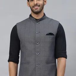ESSAS club Men Checked Nehru Jacket with Pocket Square-23