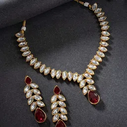 Peora Gold-Plated Maroon Crystal Studded Jewellery Set-14