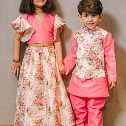 VASTRAMAY Boys Pink Floral Regular Kurta with Trousers-picture-58