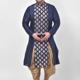 DEYANN PLUS Men Navy Blue & Gold-Toned Embroidered Kurta with Dhoti Pants-51
