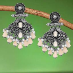 OOMPH Jewellery Oxidized Silver Peach Pink Stone with Beads Peacock Design Ethnic Dangler-image-22