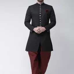 Hangup Men Black & Maroon Solid Sherwani Set-image-50