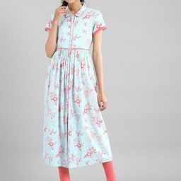 AURELIA Women Turquoise Blue & Pink Floral Printed Flared Sleeves Floral Kurta-image-7
