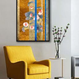 999Store Gold Canvas Lotus Flower With Leaves And Abstract Modern Art Canvas Painting-71