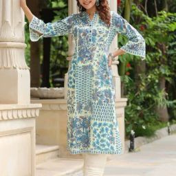 Rain and Rainbow Blue Cotton Floral Print Straight Kurta-picture-40