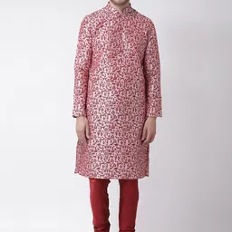 DEYANN Men Pink & Red Printed Kurta with Churidar-5