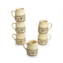 ExclusiveLane Whispers of Warli Handcrafted Ceramic Tea Cups (Set of 6, 140 ML, Microwave Safe) image 3