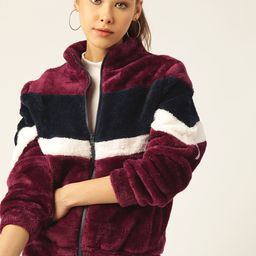 DressBerry Women Burgundy & Navy Blue Faux Fur Colourblocked Sherpa Jacket-picture-13