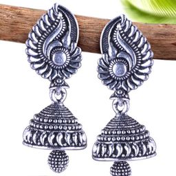 DIVASTRI Set of 5 Silver-Plated Pearls Beaded Oxidized Peacock Shaped Jhumkas image 3
