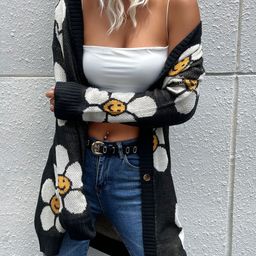 StyleCast Black Floral Printed V-Neck Longline Acrylic Cardigan-0