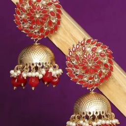 OOMPH Jewellery Red Stone & Kundan Jadau Floral Jhumki-image-84