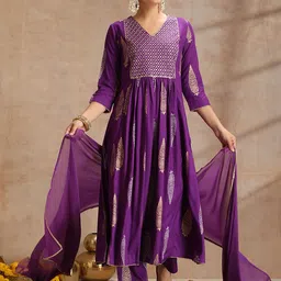 Khushal K Women Ethnic Motifs Printed Tiered Sequinned Kurta with Trousers & Dupatta-picture-2