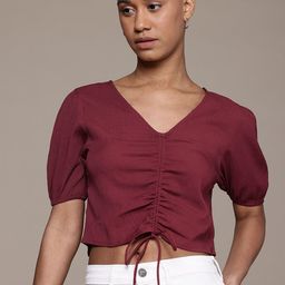 Roadster Puff Sleeves Ruched Crepe Crop Top-picture-13