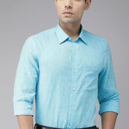 Turtle Men Blue Slim Fit Solid Formal Linen Shirt-image-7